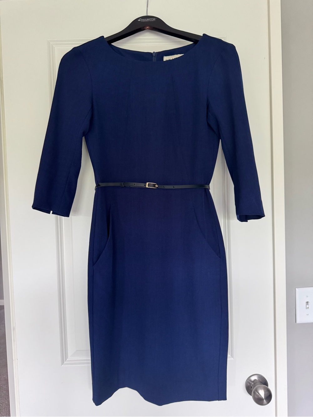 MM Lafleur Navy Long-Sleeve Sheath Dress with Slim Belt